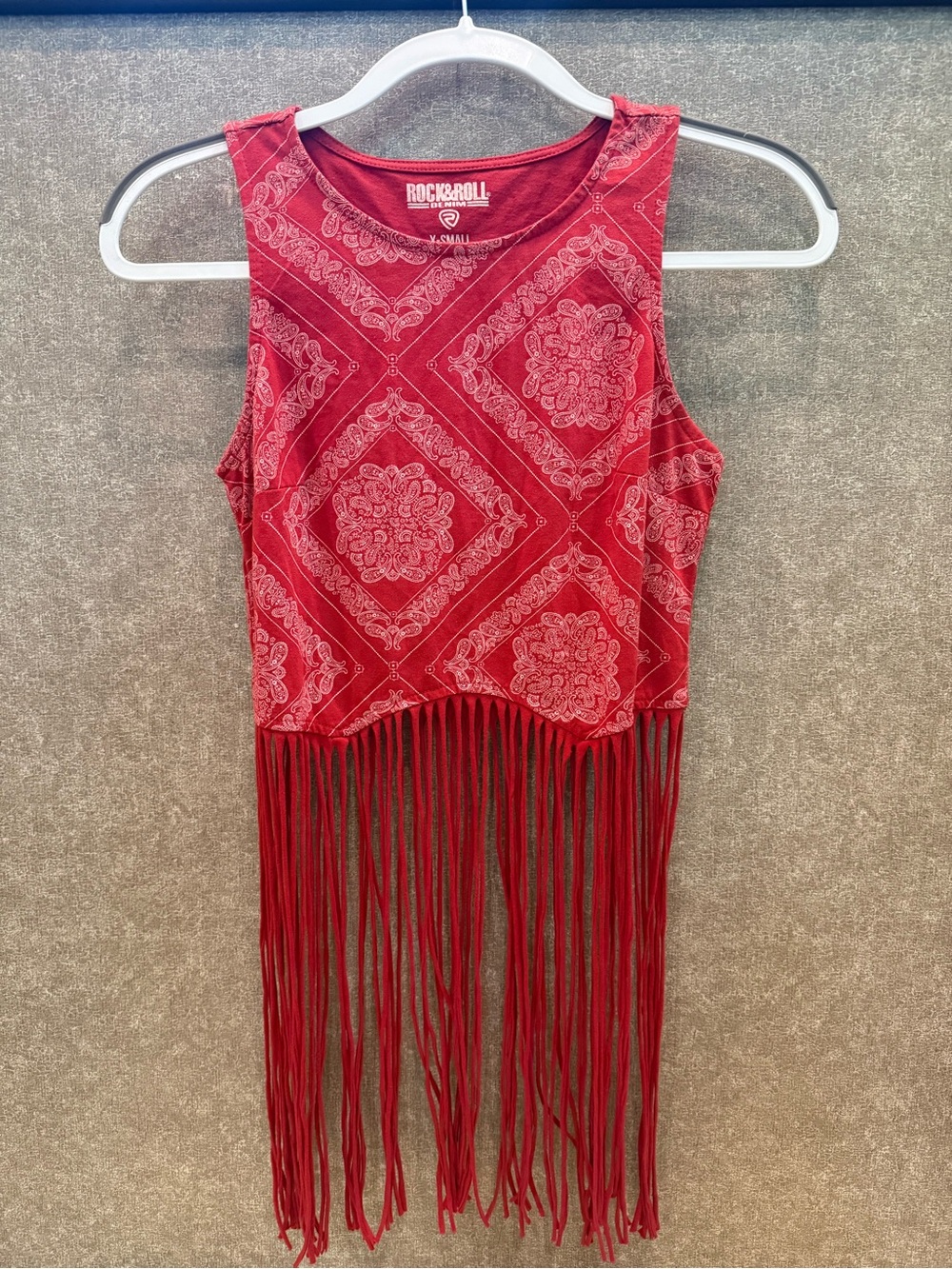 Rock & Roll Denim Red Bandana Fringe Tank